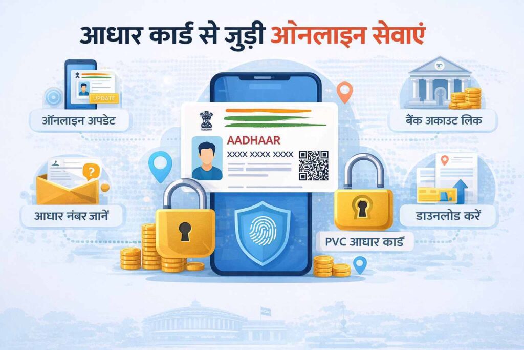 आधार कार्ड से जुड़ी ऑनलाइन सेवाएं जैसे आधार अपडेट, आधार डाउनलोड, बैंक अकाउंट लिंक और PVC आधार कार्ड की जानकारी