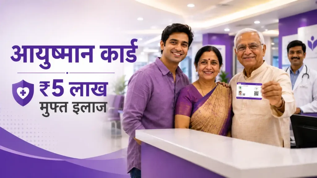 Indian family showing Ayushman Card at hospital reception for ₹5 lakh free treatment scheme