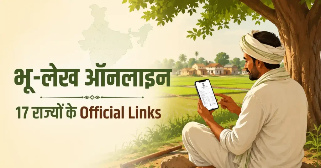 Farmer checking Bhulekh online land records and khasra khatauni on mobile phone