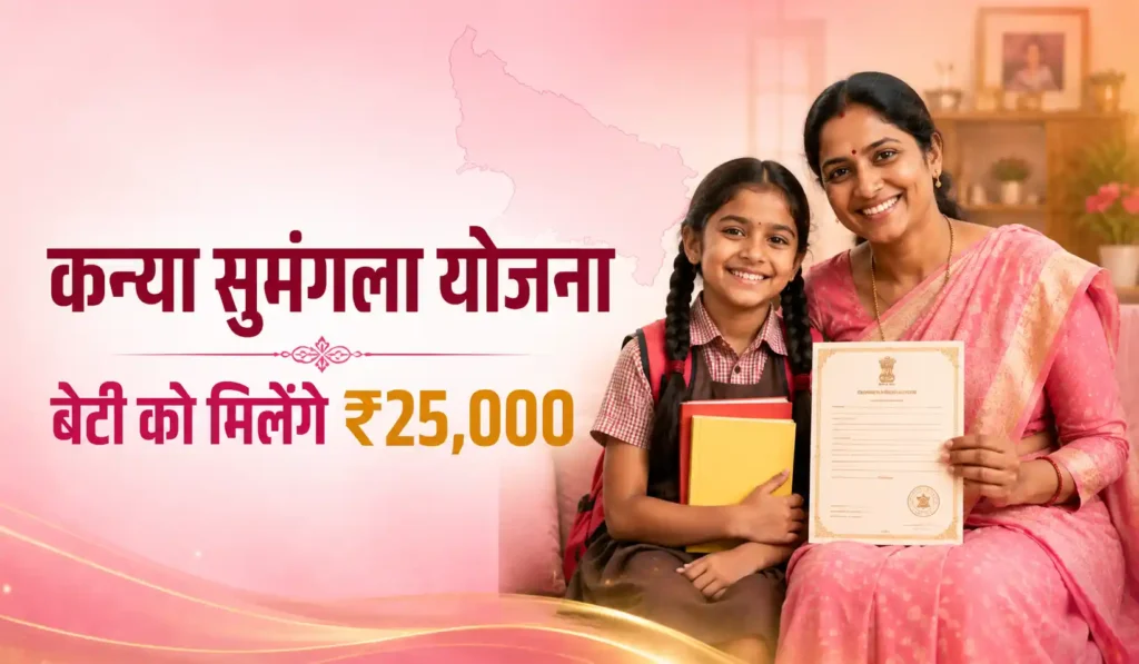 Indian mother and daughter with school books and government certificate for Mukhyamantri Kanya Sumangala Yojana scheme