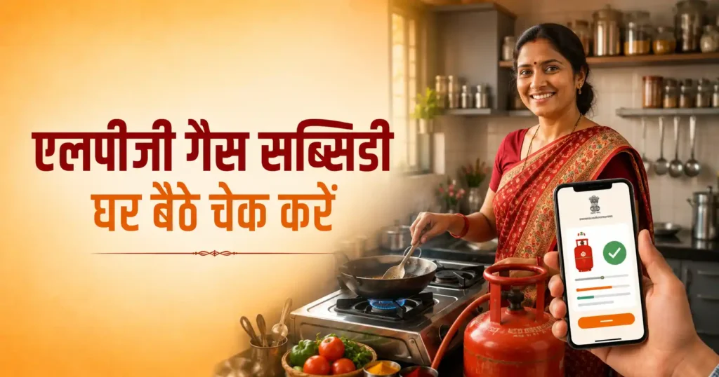 Indian woman cooking on LPG gas stove while checking gas subsidy status online on mobile phone