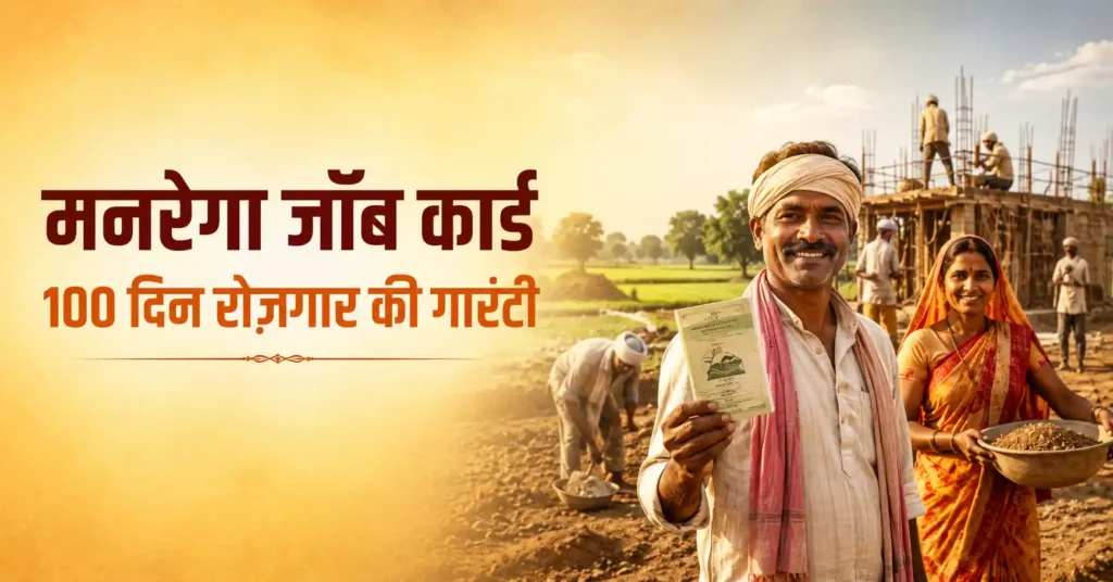 Indian rural workers at construction site holding MGNREGA job card with employment guarantee theme