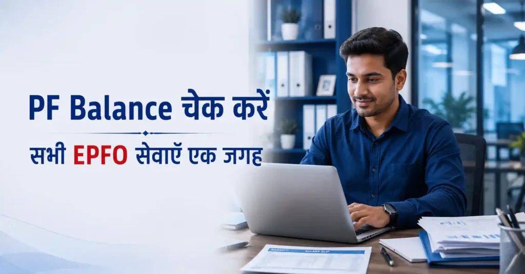 Indian employee checking PF balance online on EPFO portal using laptop in office