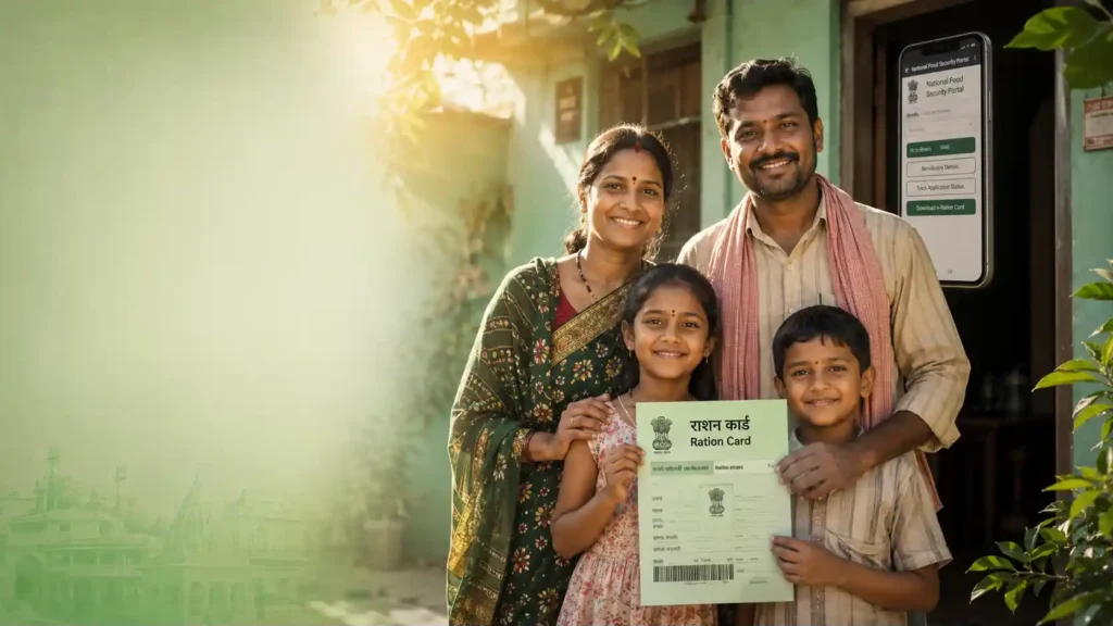 Indian family holding ration card at home while downloading NFSA ration card online on smartphone