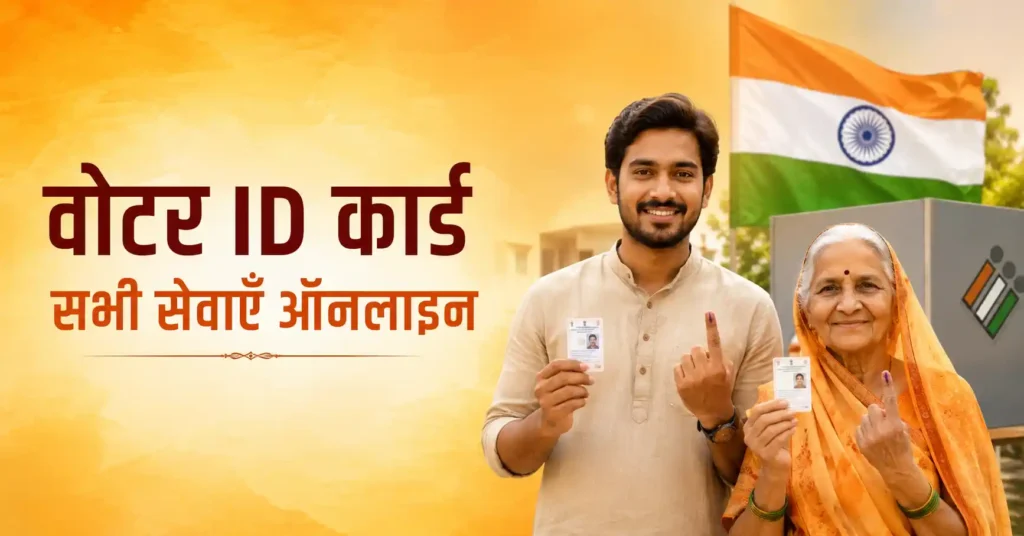 Young Indian man and elderly woman showing voter ID cards with ink-marked fingers at election booth in India